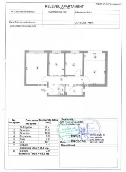 Apartament 3 Camere Decomandate - Tomis Nord - Tulcei - Etaj 3 - Centrala Gaze